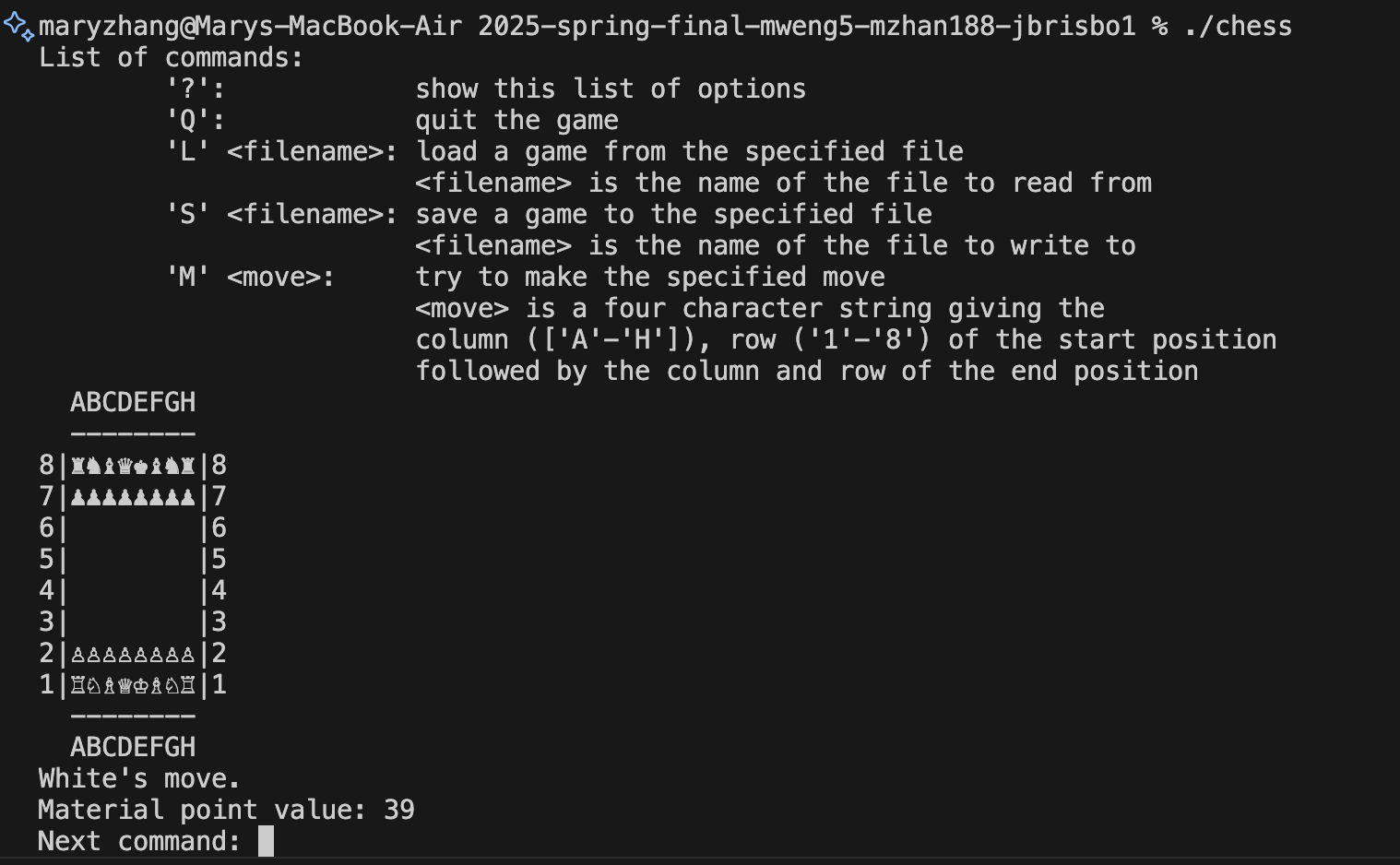 Screenshot of the C++ chess program running in the terminal
